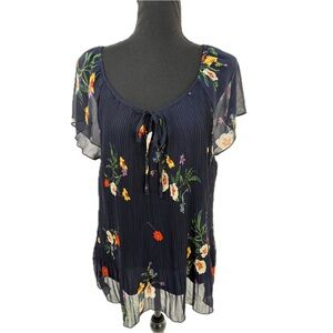 Blousology Dark Navy Floral Round Keyhole Neckline Pleated Blouse Size X-Large
